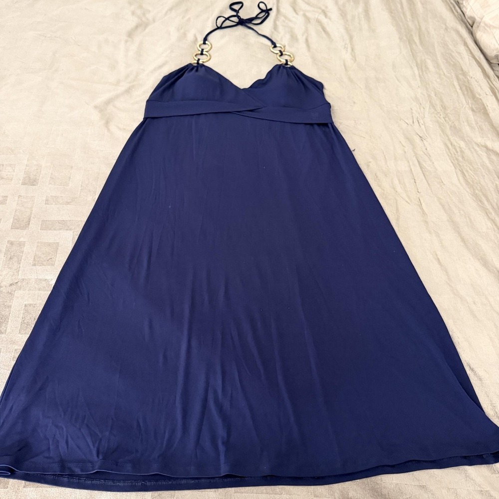 Boston Proper Navy Blue Halter Maxi Dress Medium Gold Ring Strap Sundress Summer